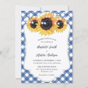 Blue Gingham Rustic Sunflower Wedding Invitation