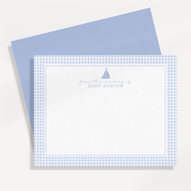 Blue Gingham Sailboat Nursery Note Card (Creator Uploaded)