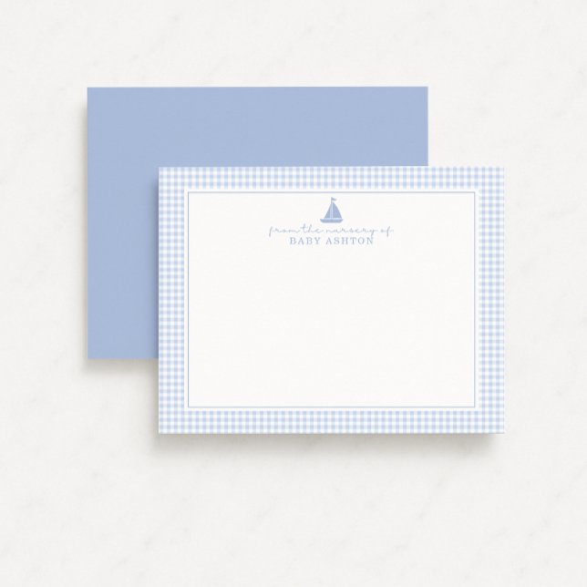 Blue Gingham Sailboat Nursery Note Card (Creator Uploaded)