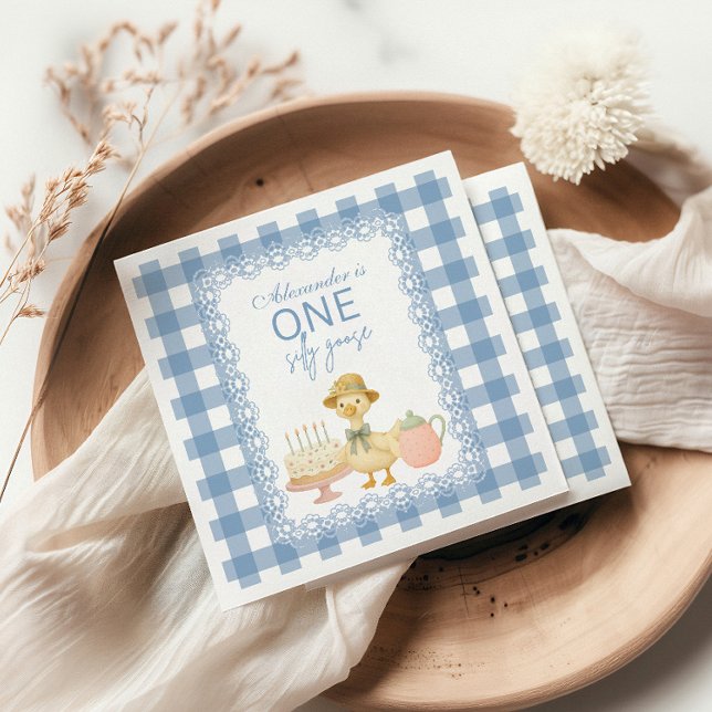  Blue Gingham Silly Goose 1st Birthday Napkin (Creator Uploaded)