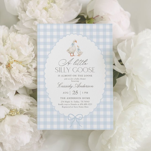Blue Gingham Silly Goose Baby Shower Invitation (Creator Uploaded)