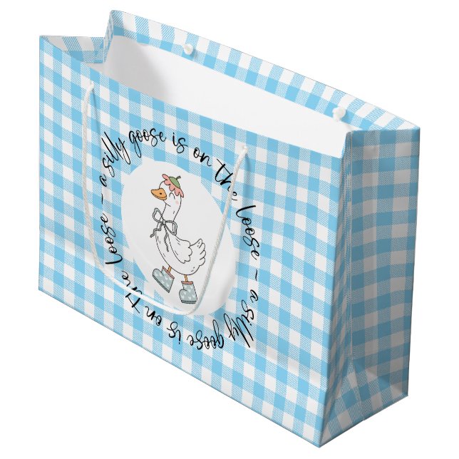 Blue Gingham Silly Goose Large Gift Bag (Front Angled)