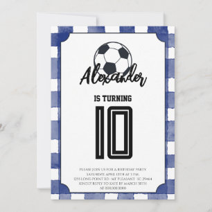 Blue Gingham Soccer Birthday Party Invitation