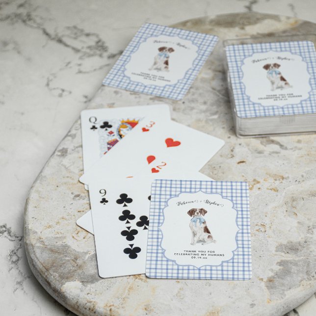 Blue Gingham | Spaniel Dog Illustration Wedding Playing Cards (Creator Uploaded)