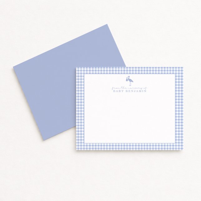 Blue Gingham Stork Nursery Note Card (Creator Uploaded)