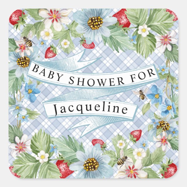  Blue Gingham Strawberry Berry Baby to Bee Shower Square Sticker (Front)