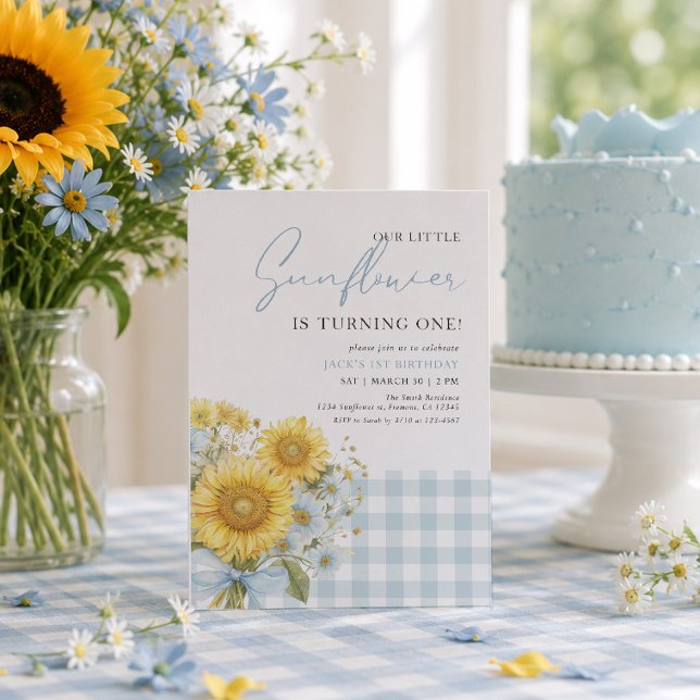Blue Gingham Sunflower 1st Birthday Invitation (Creator Uploaded)