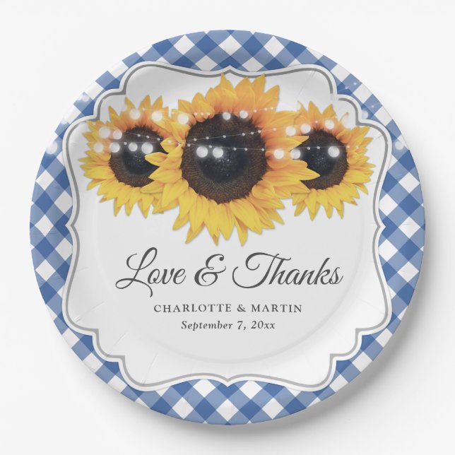 Blue Gingham Sunflower Love and Thanks Wedding Paper Plate (Front)