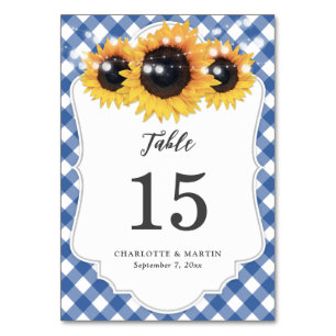 Blue Gingham Sunflower Wedding Table Number Card