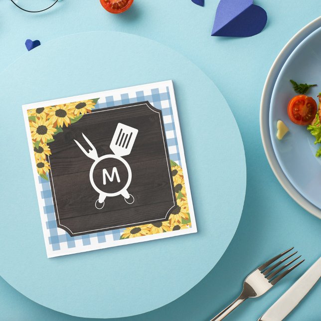 Blue Gingham & Sunflowers Rustic Monogrammed BBQ Napkin (Creator Uploaded)
