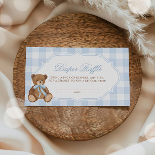Blue Gingham Teddy Bear Baby Shower Diaper Raffle Enclosure Card