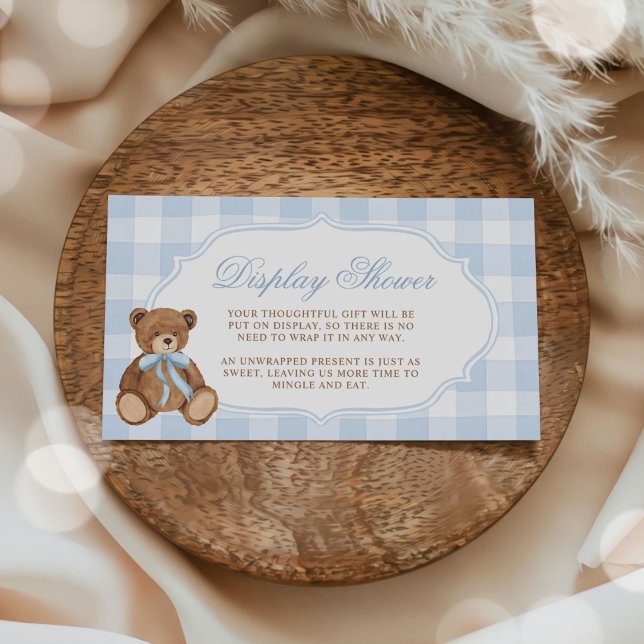 Blue Gingham Teddy Bear Baby Shower Display Shower Enclosure Card (Creator Uploaded)