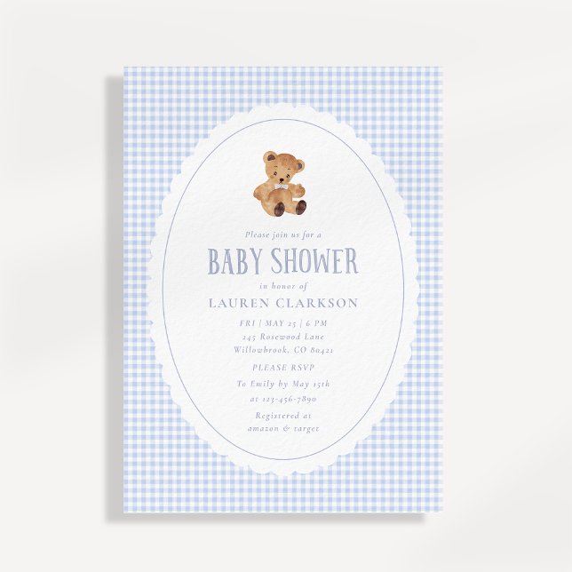 Blue Gingham Teddy Bear Baby Shower Invitation (Creator Uploaded)