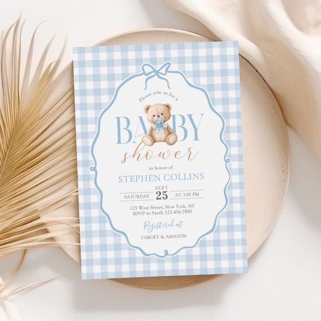 Blue Gingham Teddy Bear Baby Shower Invitation (Creator Uploaded)
