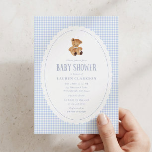 Blue Gingham Teddy Bear Baby Shower Invitation