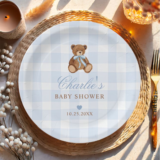 Blue Gingham Teddy Bear Baby Shower Paper Plate (Creator Uploaded)