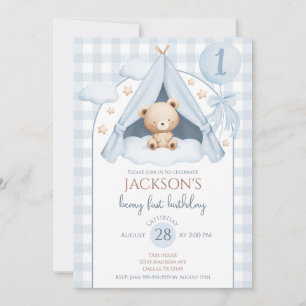 Blue Gingham Teddy Bear Balloon Boy 1st Birthday Invitation