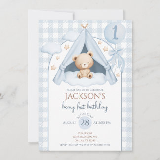 Blue Gingham Teddy Bear Balloon Boy 1st Birthday Invitation