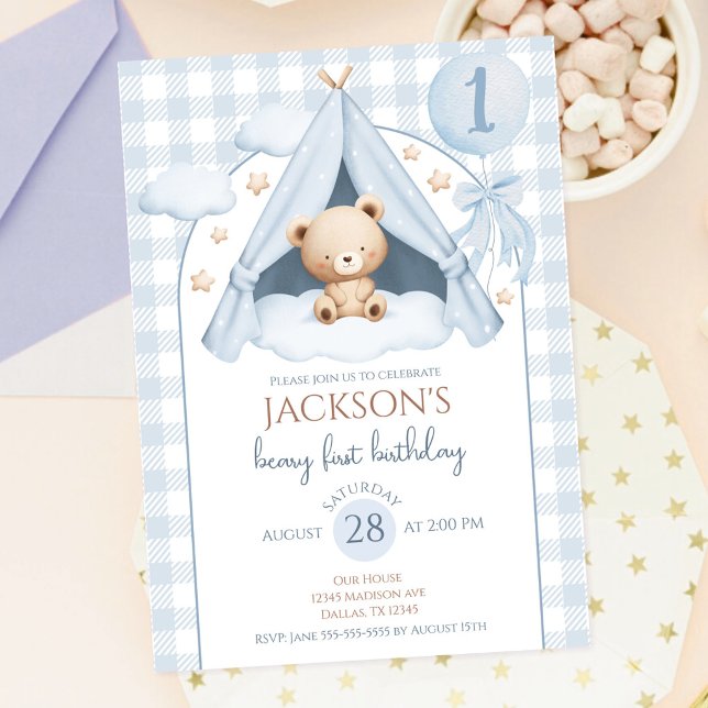 Blue Gingham Teddy Bear Balloon Boy 1st Birthday Invitation (Creator Uploaded)