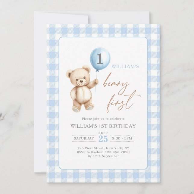 Blue Gingham Teddy Bear Balloon Boy 1st Birthday Invitation (Front)
