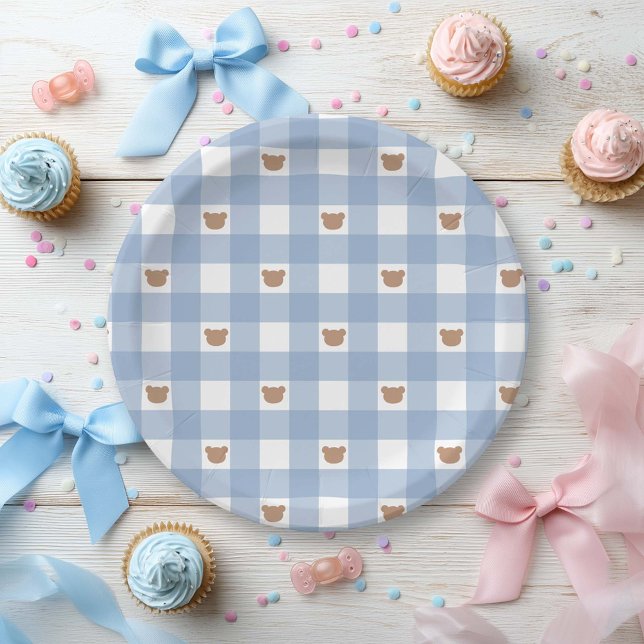 Blue Gingham Teddy Bear- Bearly Wait Baby Boy Show Paper Plate (Creator Uploaded)