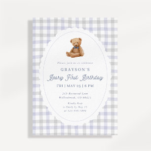 Blue Gingham Teddy Bear Beary First Birthday Invit Announcement