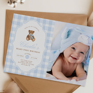 Blue Gingham Teddy Bear Beary First Birthday Photo Invitation