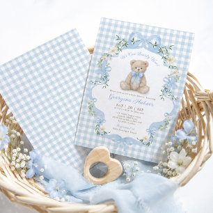 Blue Gingham Teddy Bear Boy Baby Shower Invitation