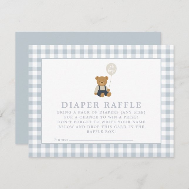  Blue Gingham Teddy Bear diaper raffle card (Front/Back)