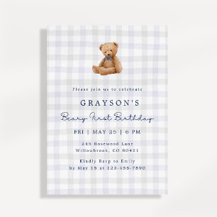 Blue Gingham Teddy Bear First Birthday Invitation