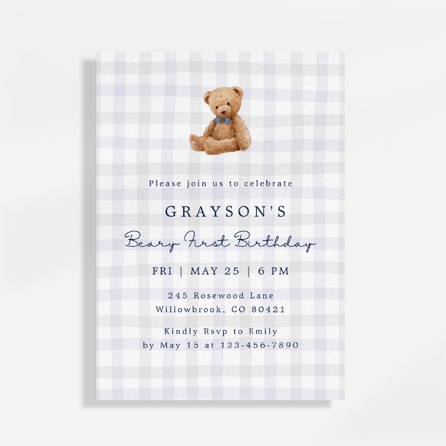 Blue Gingham Teddy Bear First Birthday Invitation (Creator Uploaded)