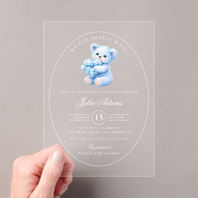 Blue Gingham Teddy Bear Neutral Baby Shower Acrylic Invitations (Insitu (Handheld))