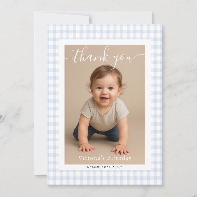Blue Gingham Teddy Bear Neutral Baby Shower Card (Front)