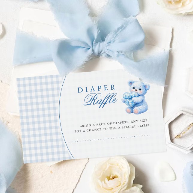 Blue Gingham Teddy Bear Neutral Baby Shower Enclosure Card (Creator Uploaded)
