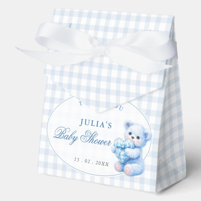 Blue Gingham Teddy Bear Neutral Baby Shower Favour Box (Front)