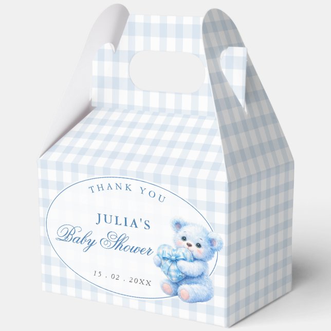 Blue Gingham Teddy Bear Neutral Baby Shower Favour Box (Front)