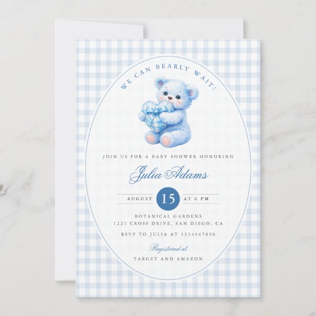 Blue Gingham Teddy Bear Neutral Baby Shower Invitation (Front)