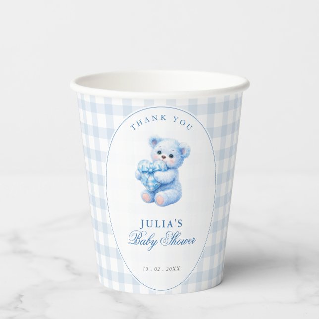 Blue Gingham Teddy Bear Neutral Baby Shower Paper Cups (Back)