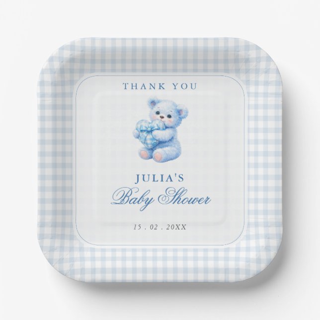 Blue Gingham Teddy Bear Neutral Baby Shower Paper Plate (Front)