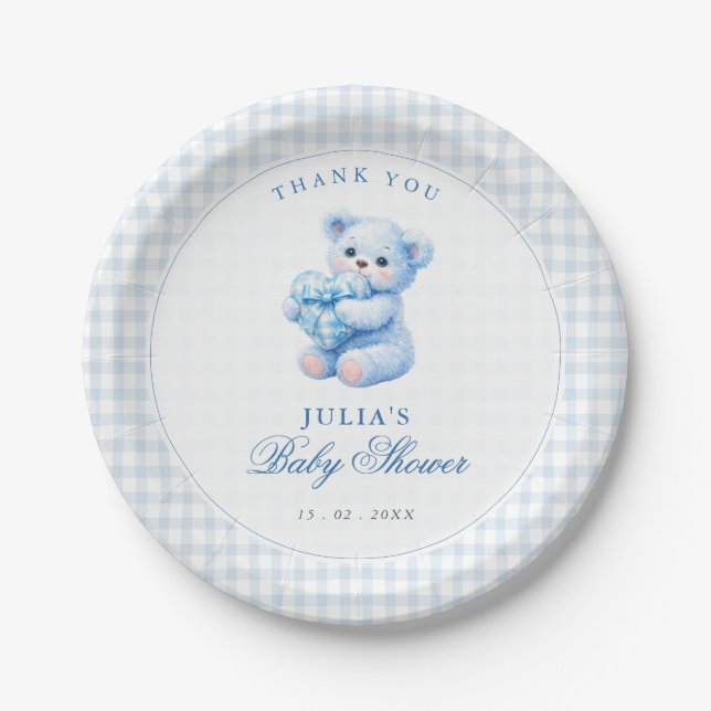 Blue Gingham Teddy Bear Neutral Baby Shower Paper Plate (Front)