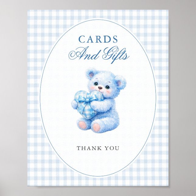 BLUE GINGHAM TEDDY BEAR NEUTRAL BABY SHOWER POSTER (Front)