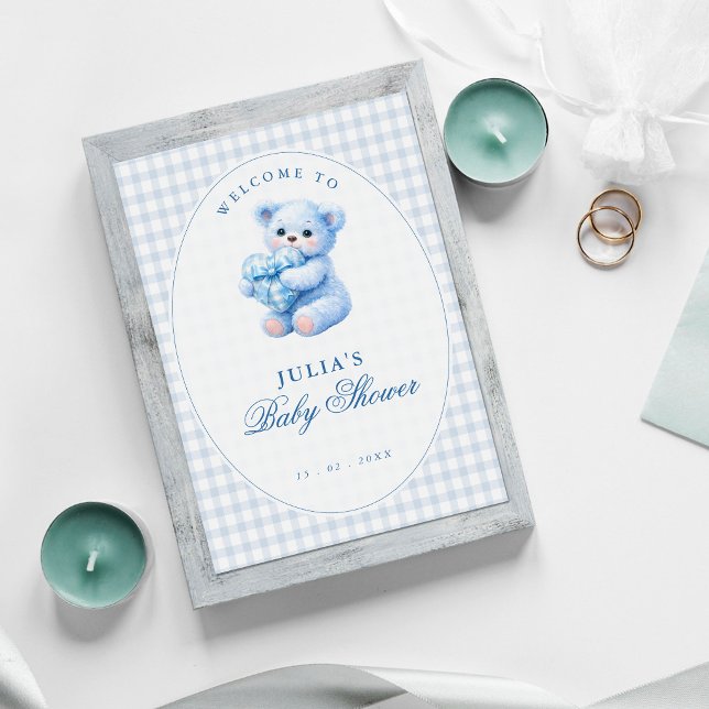 Blue Gingham Teddy Bear Neutral Baby Shower Poster (Creator Uploaded)
