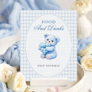 Blue Gingham Teddy Bear Neutral Baby Shower Poster