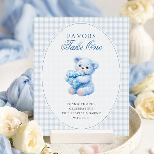 Blue Gingham Teddy Bear Neutral Baby Shower Poster