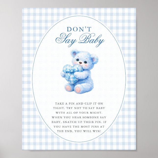 Blue Gingham Teddy Bear Neutral Baby Shower Poster (Front)