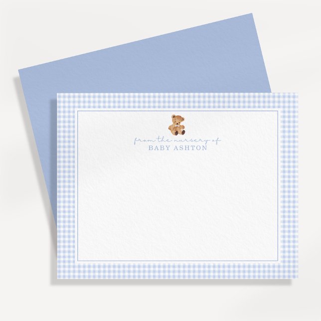 Blue Gingham Teddy Bear Nursery Note Card (Creator Uploaded)