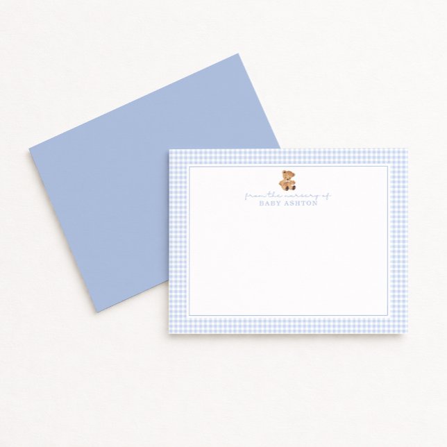 Blue Gingham Teddy Bear Nursery Note Card (Creator Uploaded)
