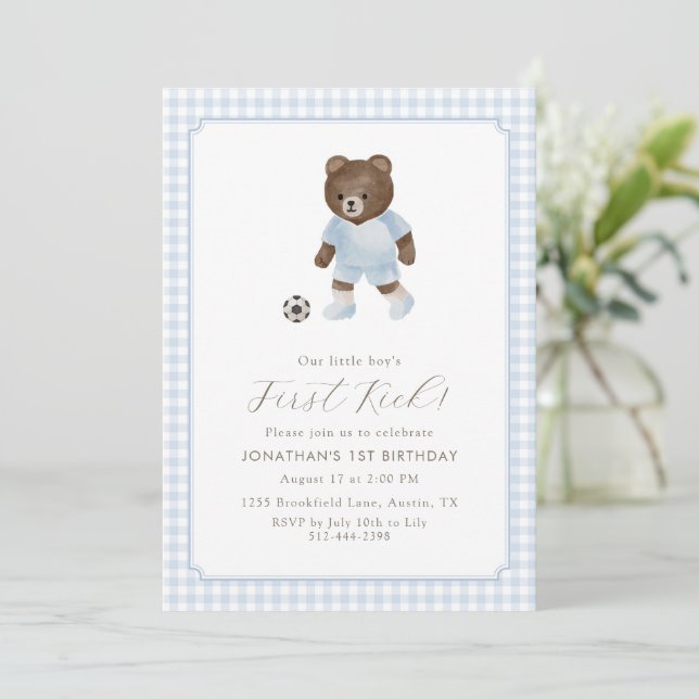 Blue Gingham Teddy Bear Soccer First Kick Invitation (Standing Front)