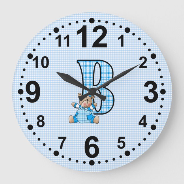 Blue Gingham Teddy Bear with Letter B Large Clock (Front)