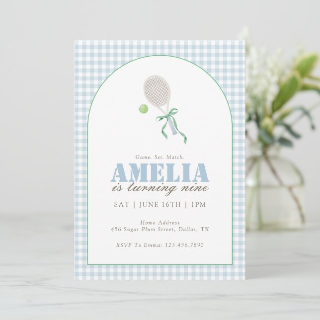Blue Gingham Tennis 9th Birthday Party for Girls  Invitation (Standing Front)
